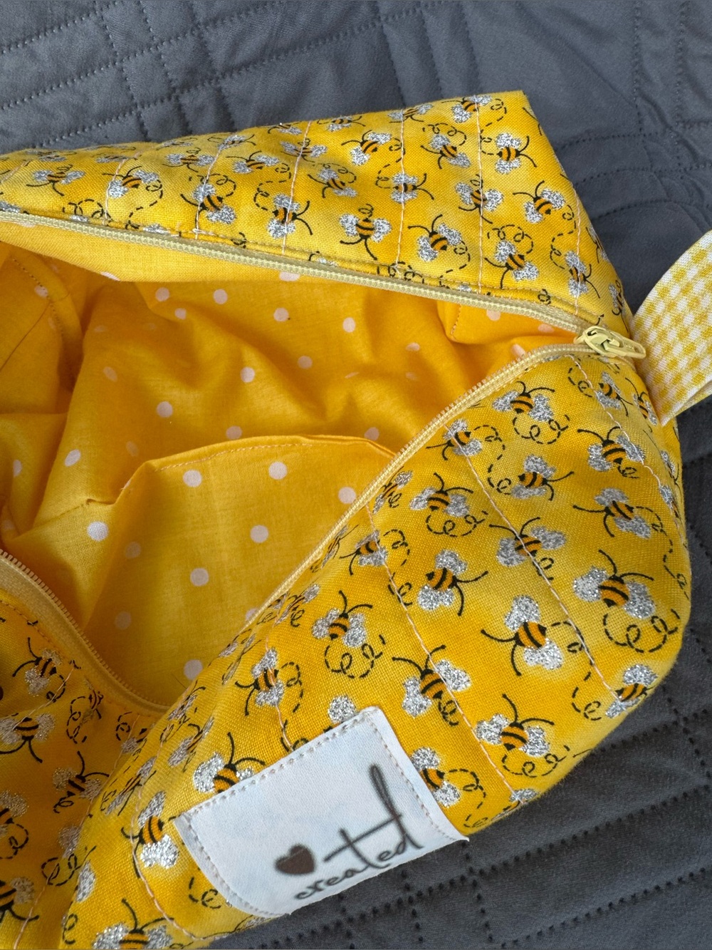 Yellow Bee Quilted Cosmetic Bag with Polka Dot Lining
